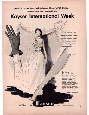 Kayser Hosiery Advertisement 70th Anniversary Vintage 1950s Gloves Hosiery Women